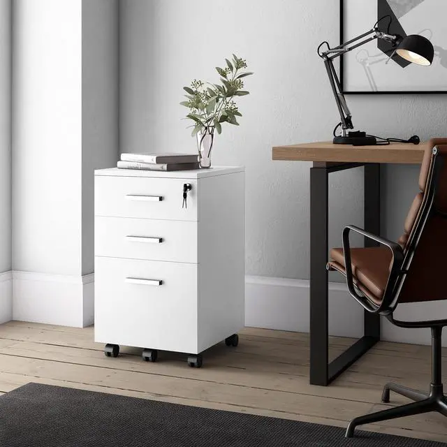 Alt view image 4 of 6 - Lazio White File Cabinet, Filing Cabinets for Home Office, Drawers for Under Desk, Locking 3 Drawer Rolling Wood File Cabinet with Lock, by Crafts and Comfort