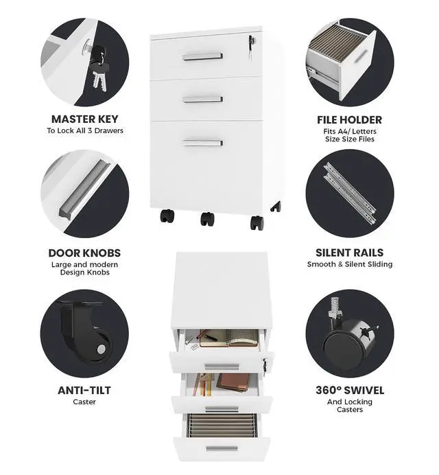 Alt view image 5 of 6 - Lazio White File Cabinet, Filing Cabinets for Home Office, Drawers for Under Desk, Locking 3 Drawer Rolling Wood File Cabinet with Lock, by Crafts and Comfort
