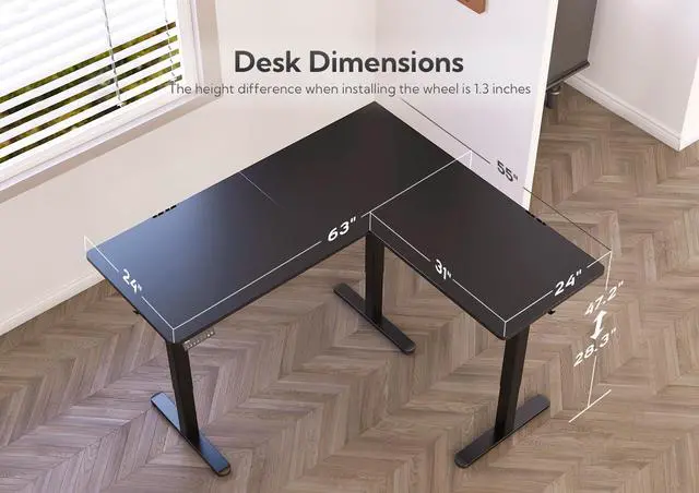 Alt view image 4 of 7 - L Shaped Electric Standing Desk 63x55 inch Dual Motor | Height 28.3"-47.2" Adjustable, 220lbs Capacity, Sturdy Steel Frame, Splice Board included, Ideal for Home Office Corner