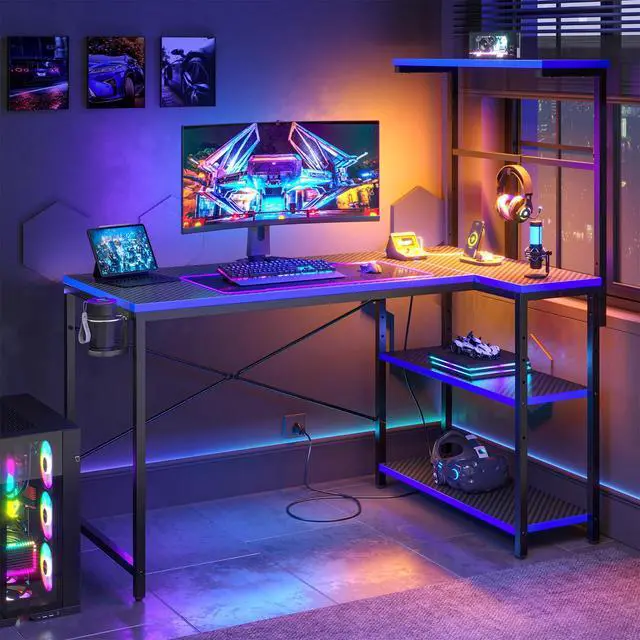 Alt view image 2 of 7 - 40" L-Shaped Gaming Desk with Power Outlets LED Lights, Black&Blue | Reversible Design, LED Lights, 4-Tier Storage Shelves, Headphone Hook, Foldable Cup Holder, Home Office, Small Space
