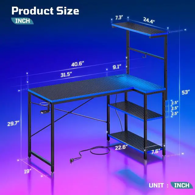 Alt view image 3 of 7 - 40" L-Shaped Gaming Desk with Power Outlets LED Lights, Black&Blue | Reversible Design, LED Lights, 4-Tier Storage Shelves, Headphone Hook, Foldable Cup Holder, Home Office, Small Space
