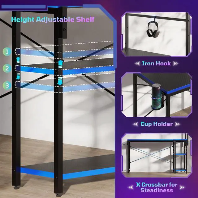 Alt view image 5 of 7 - 40" L-Shaped Gaming Desk with Power Outlets LED Lights, Black&Blue | Reversible Design, LED Lights, 4-Tier Storage Shelves, Headphone Hook, Foldable Cup Holder, Home Office, Small Space