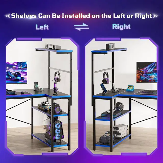 Alt view image 6 of 7 - 40" L-Shaped Gaming Desk with Power Outlets LED Lights, Black&Blue | Reversible Design, LED Lights, 4-Tier Storage Shelves, Headphone Hook, Foldable Cup Holder, Home Office, Small Space