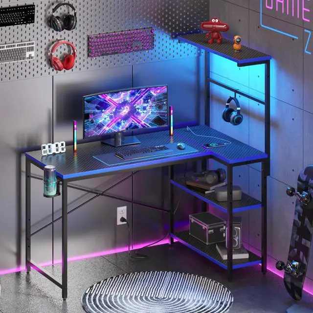 Alt view image 7 of 7 - 40" L-Shaped Gaming Desk with Power Outlets LED Lights, Black&Blue | Reversible Design, LED Lights, 4-Tier Storage Shelves, Headphone Hook, Foldable Cup Holder, Home Office, Small Space