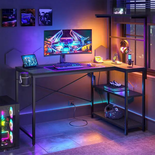 Alt view image 2 of 7 - 40" L-Shaped Gaming Desk with Power Outlets LED Lights, Black | Reversible Design, LED Lights, 4-Tier Storage Shelves, Headphone Hook, Foldable Cup Holder, Home Office, Small Space