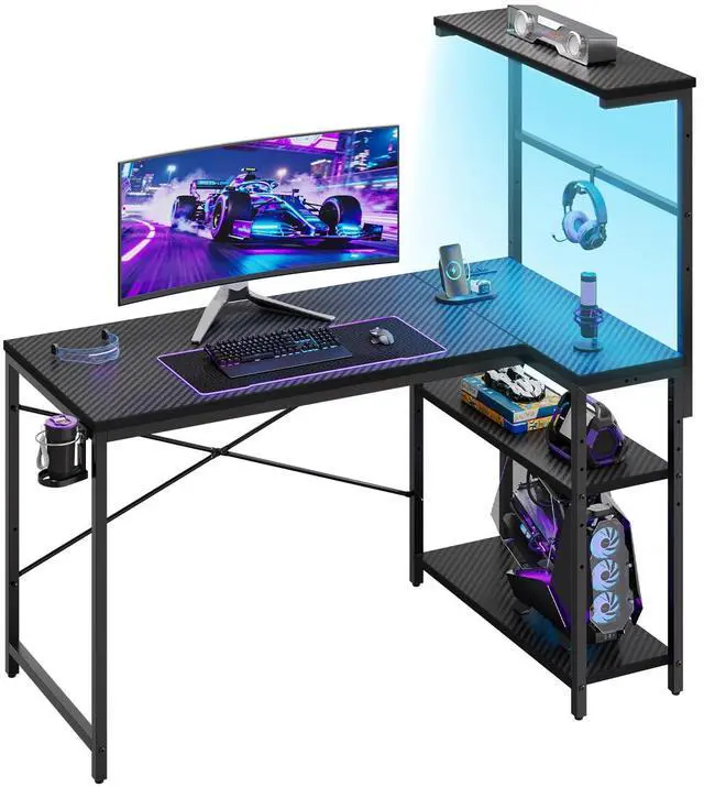 Main image of 40" L-Shaped Gaming Desk with Power Outlets LED Lights, Black | Reversible Design, LED Lights, 4-Tier Storage Shelves, Headphone Hook, Foldable Cup Holder, Home Office, Small Space