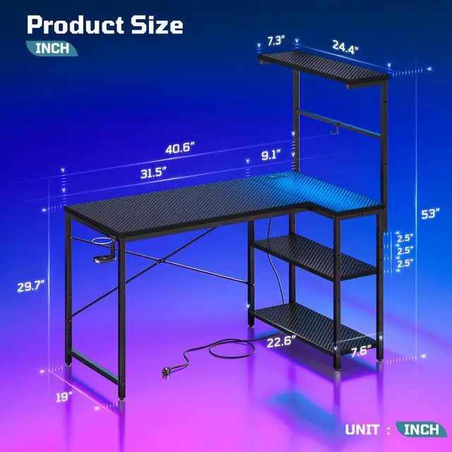 Alt view image 3 of 7 - 40" L-Shaped Gaming Desk with Power Outlets LED Lights, Black | Reversible Design, LED Lights, 4-Tier Storage Shelves, Headphone Hook, Foldable Cup Holder, Home Office, Small Space