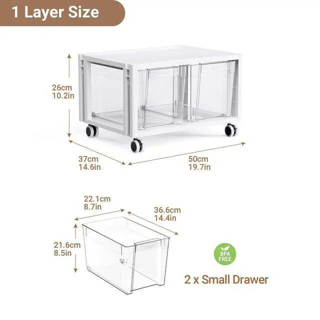 Alt view image 2 of 7 - Stackable Storage Drawer Carts, Extra Large Bins 1 Tier 2 Drawers | Smooth Pull-Out Drawers, Clear Plastic Storage Organizer Container For Home Office Bedroom Bathroom Art Crafts Under Desk