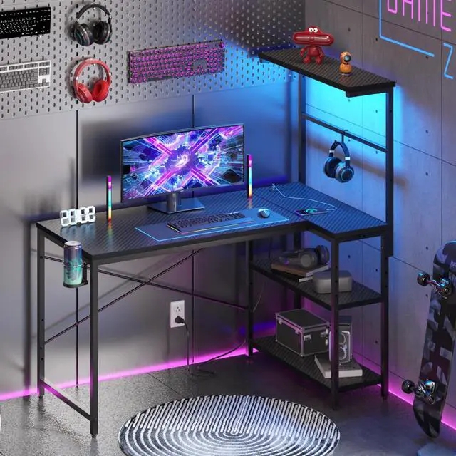 Alt view image 7 of 7 - 40" L-Shaped Gaming Desk with Power Outlets LED Lights, Black | Reversible Design, LED Lights, 4-Tier Storage Shelves, Headphone Hook, Foldable Cup Holder, Home Office, Small Space