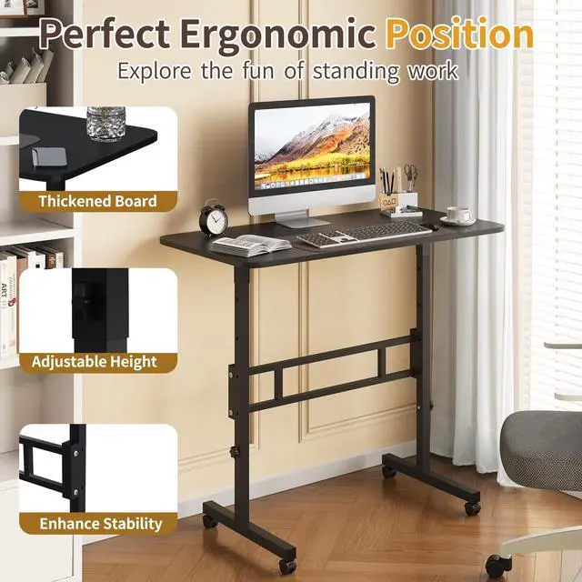 Alt view image 2 of 6 - Small Standing Desk Adjustable Height, Mobile Rolling Stand Up Desk with Wheels, 32 Inch Portable Rolling Desks Computer Office Workstations Walking Pad (Black)
