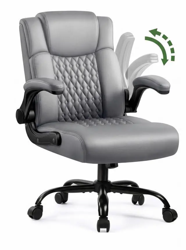 Main image of Office Chair PU Leather, Ergonomic Computer Desk Chair with Lumbar Support, Executive Leather Chair with Wheels & Flip-up Armrest, Small Home Office Desk Chair for Short People Use, Grey