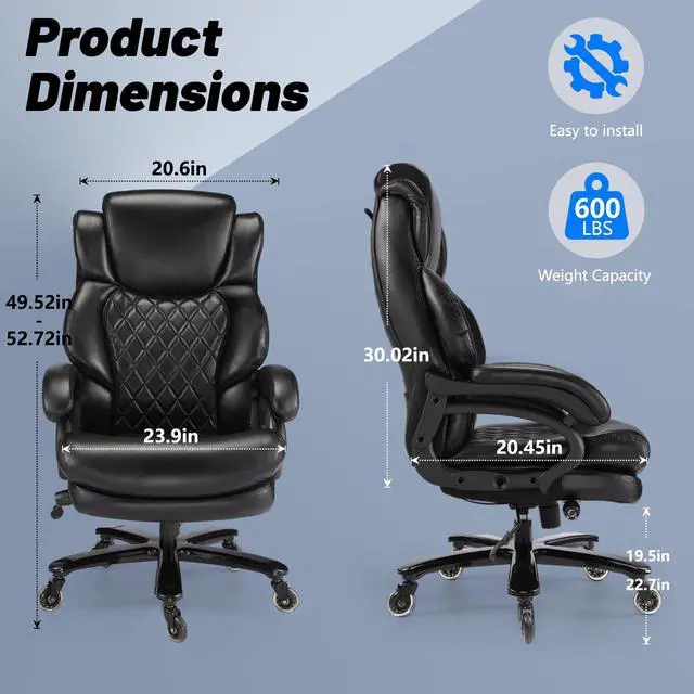 Alt view image 2 of 7 - 800lbs Big and Tall Office Chair, Executive Chair with Adjustable Headrest, High Back Extra Wide Seat, Heavy Duty PU Leather for Home Office, Comfortable Large Computer Desk Chair