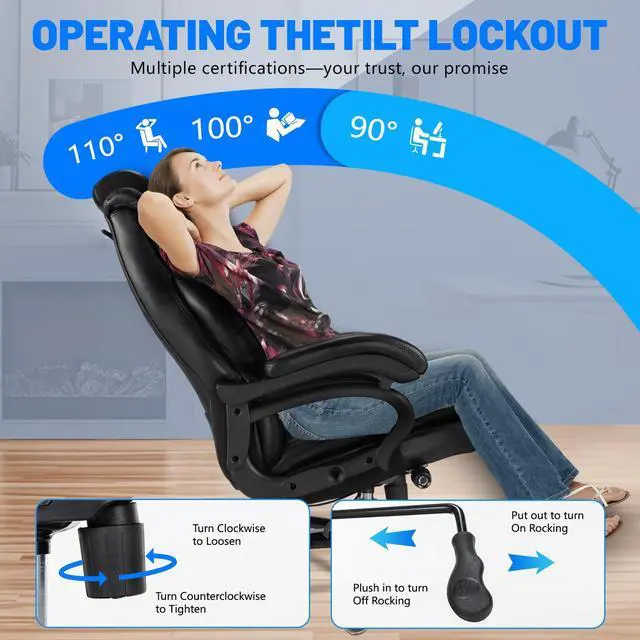 Alt view image 4 of 7 - 800lbs Big and Tall Office Chair, Executive Chair with Adjustable Headrest, High Back Extra Wide Seat, Heavy Duty PU Leather for Home Office, Comfortable Large Computer Desk Chair