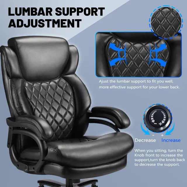 Alt view image 5 of 7 - 800lbs Big and Tall Office Chair, Executive Chair with Adjustable Headrest, High Back Extra Wide Seat, Heavy Duty PU Leather for Home Office, Comfortable Large Computer Desk Chair