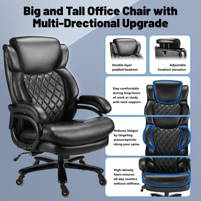 Alt view image 7 of 7 - 800lbs Big and Tall Office Chair, Executive Chair with Adjustable Headrest, High Back Extra Wide Seat, Heavy Duty PU Leather for Home Office, Comfortable Large Computer Desk Chair