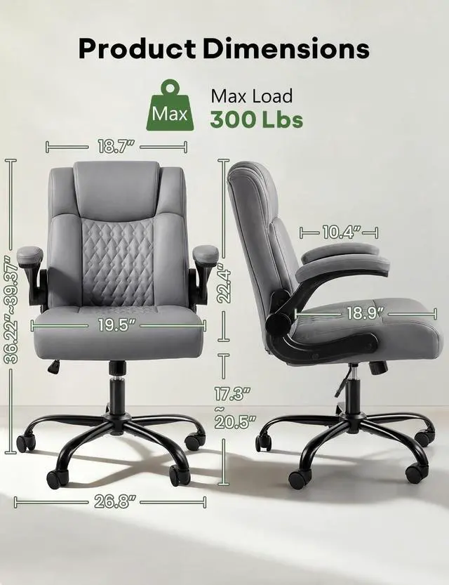 Alt view image 3 of 7 - Office Chair PU Leather, Ergonomic Computer Desk Chair with Lumbar Support, Executive Leather Chair with Wheels & Flip-up Armrest, Small Home Office Desk Chair for Short People Use, Grey