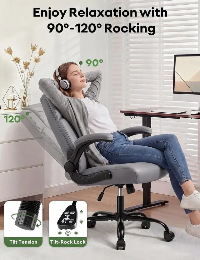 Alt view image 4 of 7 - Office Chair PU Leather, Ergonomic Computer Desk Chair with Lumbar Support, Executive Leather Chair with Wheels & Flip-up Armrest, Small Home Office Desk Chair for Short People Use, Grey