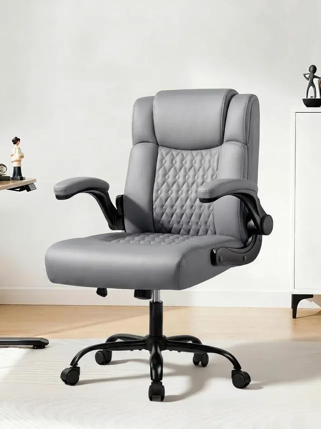 Alt view image 2 of 7 - Office Chair PU Leather, Ergonomic Computer Desk Chair with Lumbar Support, Executive Leather Chair with Wheels & Flip-up Armrest, Small Home Office Desk Chair for Short People Use, Grey