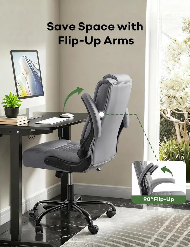 Alt view image 5 of 7 - Office Chair PU Leather, Ergonomic Computer Desk Chair with Lumbar Support, Executive Leather Chair with Wheels & Flip-up Armrest, Small Home Office Desk Chair for Short People Use, Grey