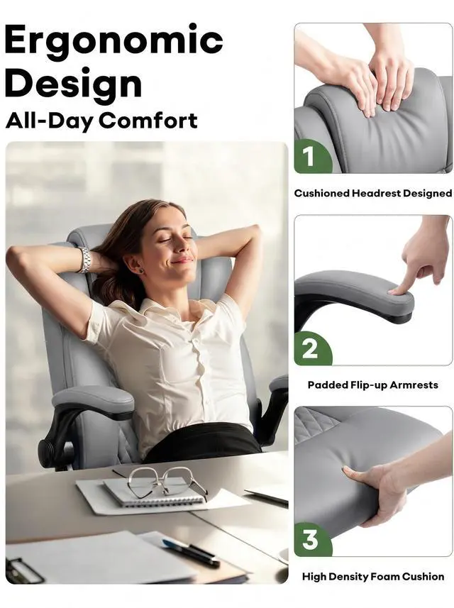 Alt view image 7 of 7 - Office Chair PU Leather, Ergonomic Computer Desk Chair with Lumbar Support, Executive Leather Chair with Wheels & Flip-up Armrest, Small Home Office Desk Chair for Short People Use, Grey