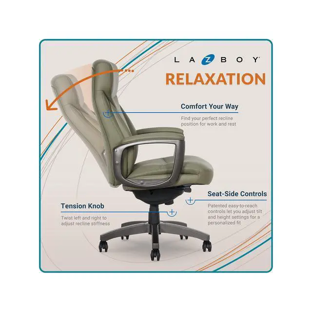 Alt view image 4 of 7 - La-Z-Boy Arcadian Ergonomic Bonded Leather Swivel Executive Chair, Olive