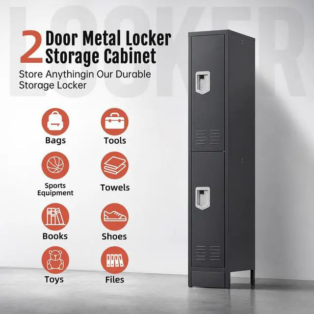 Alt view image 4 of 7 - Metal Locker for Employees, Office Storage Locker with 2 Doors | Lockable Steel Employee Lockers with Shelves and Hooks, Locker Organizer for Home Office School Gym Garage, Grey
