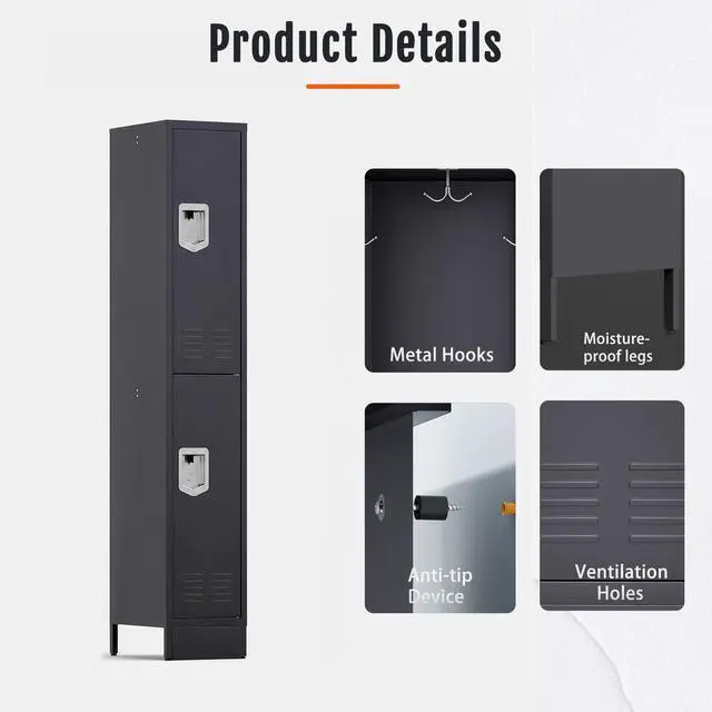 Alt view image 6 of 7 - Metal Locker for Employees, Office Storage Locker with 2 Doors | Lockable Steel Employee Lockers with Shelves and Hooks, Locker Organizer for Home Office School Gym Garage, Grey