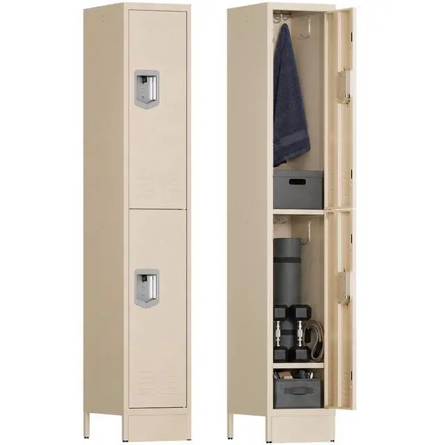 Main image of Metal Locker for Employees, Office Storage Locker with 2 Doors | Lockable Steel Employee Lockers with Shelves and Hooks, Locker Organizer for Home Office School Gym Garage, Beige