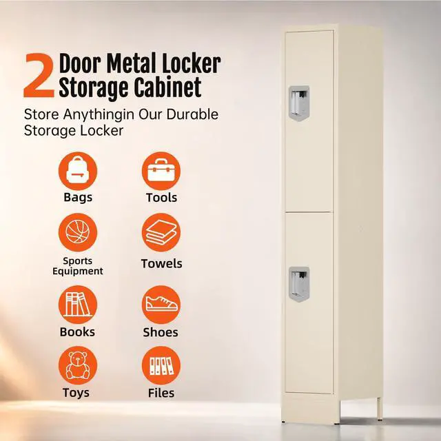 Alt view image 3 of 7 - Metal Locker for Employees, Office Storage Locker with 2 Doors | Lockable Steel Employee Lockers with Shelves and Hooks, Locker Organizer for Home Office School Gym Garage, Beige