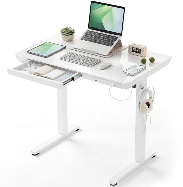 Main image of 35" Small Glass Standing Desk with Drawers & USB Ports, Whole-Piece Glass Top Adjustable Height Desks, Quick-Install Electric Sit-Stand Up Desk for Home Office & Computer Workstation, White