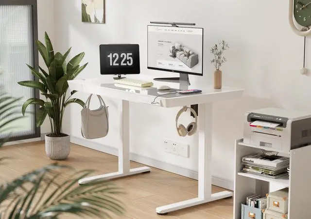 Alt view image 2 of 7 - 35" Small Glass Standing Desk with Drawers & USB Ports, Whole-Piece Glass Top Adjustable Height Desks, Quick-Install Electric Sit-Stand Up Desk for Home Office & Computer Workstation, White