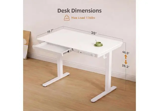 Alt view image 3 of 7 - 35" Small Glass Standing Desk with Drawers & USB Ports, Whole-Piece Glass Top Adjustable Height Desks, Quick-Install Electric Sit-Stand Up Desk for Home Office & Computer Workstation, White