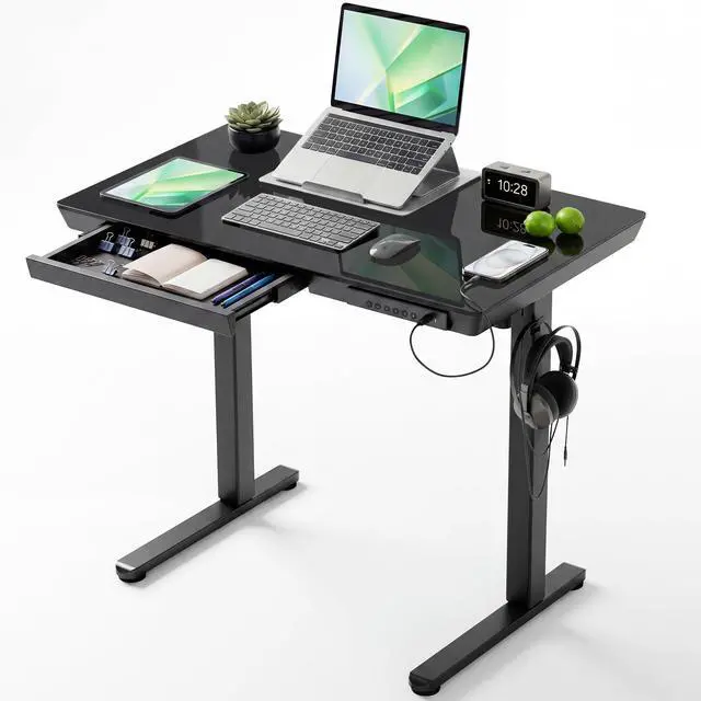 Main image of Glass Standing Desk with Drawers, 35 Inch, Black | Quick Install, Whole-Piece Glass Top, USB ports and a Type-C port, Buil in Drawers, Writable Glass Top, 2 Hooks