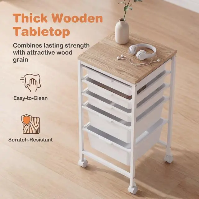 Alt view image 4 of 7 - 5-Drawer Rolling Storage Cart w/Lockable Wheels(White) | Utility Cart w/ Wood Top, Art Craft Organizer for Home, School, Paper Storage, Craft Room, Classroom, Office & Dorm Supplies