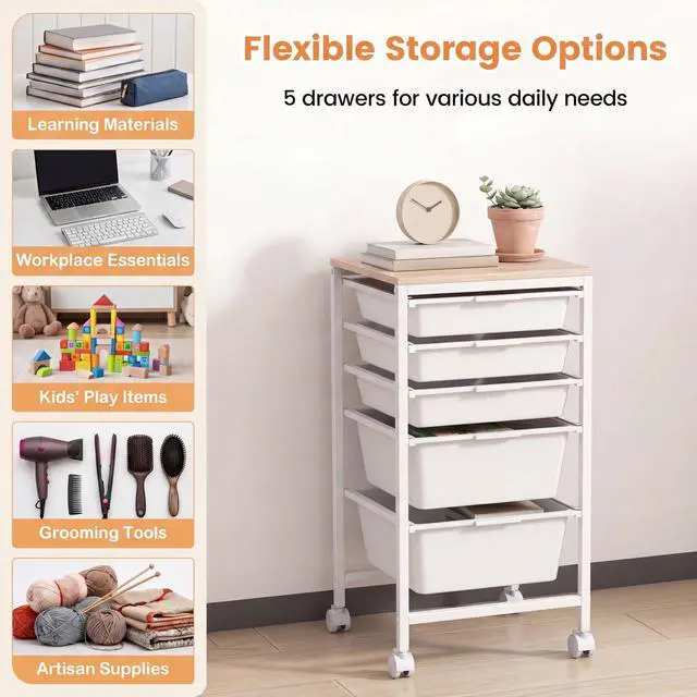 Alt view image 5 of 7 - 5-Drawer Rolling Storage Cart w/Lockable Wheels(White) | Utility Cart w/ Wood Top, Art Craft Organizer for Home, School, Paper Storage, Craft Room, Classroom, Office & Dorm Supplies