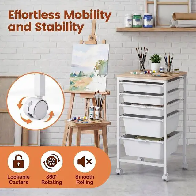 Alt view image 6 of 7 - 5-Drawer Rolling Storage Cart w/Lockable Wheels(White) | Utility Cart w/ Wood Top, Art Craft Organizer for Home, School, Paper Storage, Craft Room, Classroom, Office & Dorm Supplies
