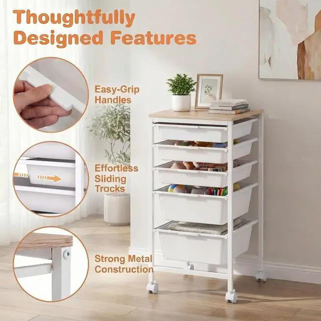 Alt view image 7 of 7 - 5-Drawer Rolling Storage Cart w/Lockable Wheels(White) | Utility Cart w/ Wood Top, Art Craft Organizer for Home, School, Paper Storage, Craft Room, Classroom, Office & Dorm Supplies