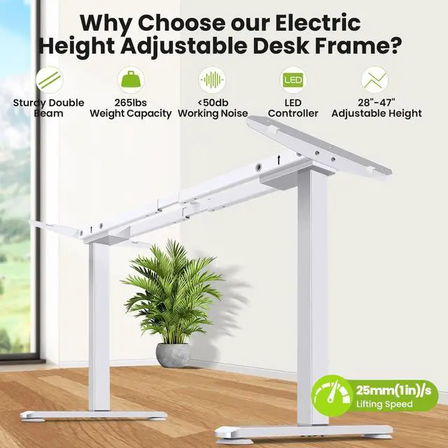 Alt view image 5 of 7 - Electric Standing Desk Frame with Cable Management Tray, Wheels & Hooks, Heavy Duty Dual Motor Stand Up Desk Dual-Beam Frame,265 lbs Capacity up to 78" x 40" Tops (White Frame Only)