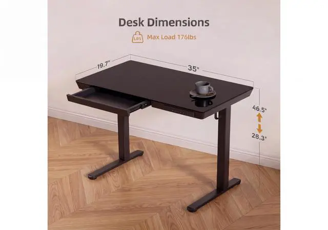 Alt view image 3 of 7 - Glass Standing Desk with Drawers, 35 Inch, Black | Quick Install, Whole-Piece Glass Top, USB ports and a Type-C port, Buil in Drawers, Writable Glass Top, 2 Hooks