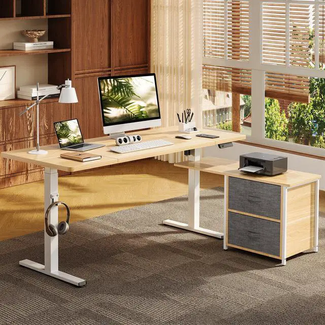 Main image of 63" × 28" L Shaped Standing Desk with Drawers, White Wood Grain | Spacious Multi-Monitor Workspace, Reversible Design, with Cabinet and Drawers, Hooks and USB Port, home office (2 Packages)