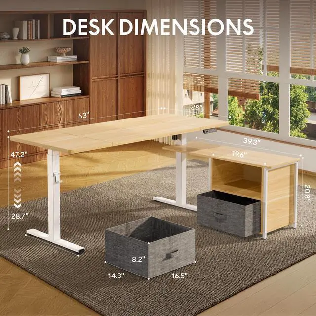 Alt view image 2 of 7 - 63" × 28" L Shaped Standing Desk with Drawers, White Wood Grain | Spacious Multi-Monitor Workspace, Reversible Design, with Cabinet and Drawers, Hooks and USB Port, home office (2 Packages)