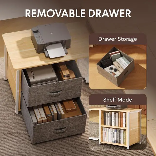 Alt view image 3 of 7 - 63" × 28" L Shaped Standing Desk with Drawers, White Wood Grain | Spacious Multi-Monitor Workspace, Reversible Design, with Cabinet and Drawers, Hooks and USB Port, home office (2 Packages)