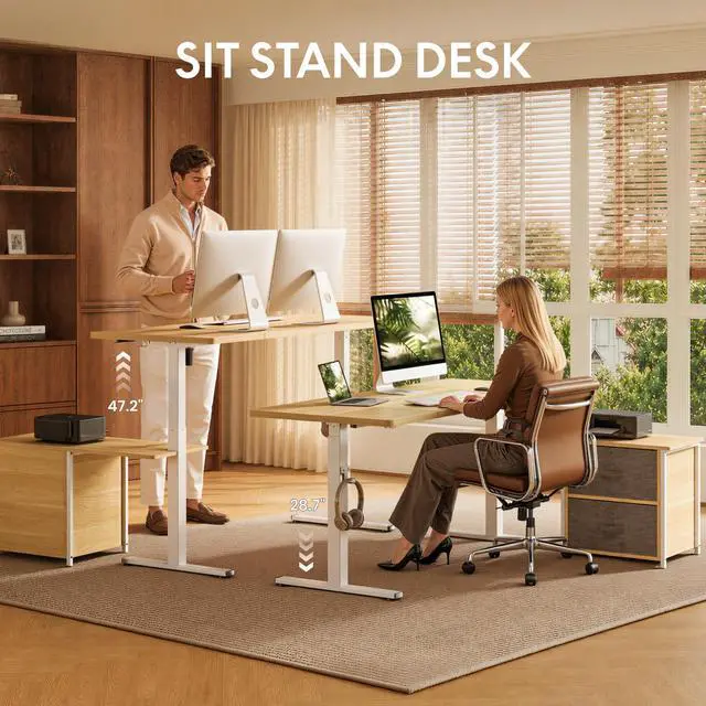 Alt view image 4 of 7 - 63" × 28" L Shaped Standing Desk with Drawers, White Wood Grain | Spacious Multi-Monitor Workspace, Reversible Design, with Cabinet and Drawers, Hooks and USB Port, home office (2 Packages)