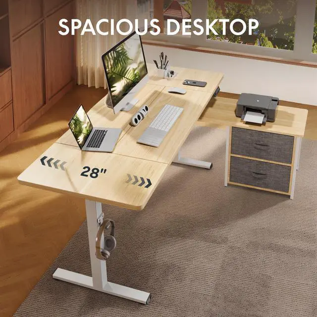 Alt view image 5 of 7 - 63" × 28" L Shaped Standing Desk with Drawers, White Wood Grain | Spacious Multi-Monitor Workspace, Reversible Design, with Cabinet and Drawers, Hooks and USB Port, home office (2 Packages)