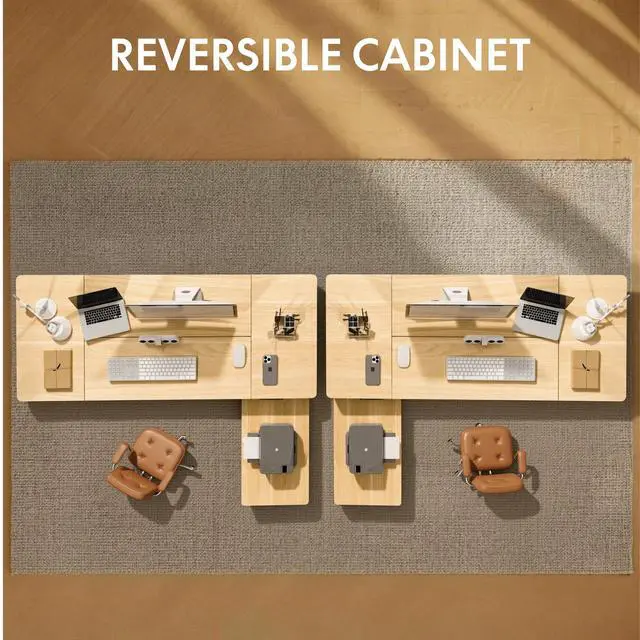 Alt view image 6 of 7 - 63" × 28" L Shaped Standing Desk with Drawers, White Wood Grain | Spacious Multi-Monitor Workspace, Reversible Design, with Cabinet and Drawers, Hooks and USB Port, home office (2 Packages)