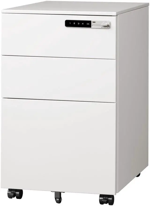 Main image of 3 Drawer File Cabinet with Combination Lock, Fully Assembled | Under Desk Metal Filing Cabinet with Wheels for Home Office, Fits Letter/Legal/A4 Size, White