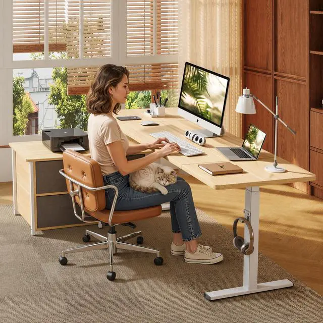 Alt view image 7 of 7 - 63" × 28" L Shaped Standing Desk with Drawers, White Wood Grain | Spacious Multi-Monitor Workspace, Reversible Design, with Cabinet and Drawers, Hooks and USB Port, home office (2 Packages)