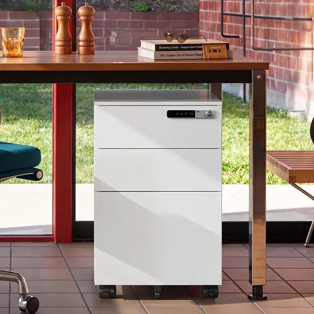 Alt view image 2 of 7 - 3 Drawer File Cabinet with Combination Lock, Fully Assembled | Under Desk Metal Filing Cabinet with Wheels for Home Office, Fits Letter/Legal/A4 Size, White