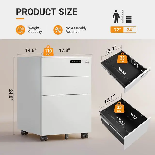 Alt view image 3 of 7 - 3 Drawer File Cabinet with Combination Lock, Fully Assembled | Under Desk Metal Filing Cabinet with Wheels for Home Office, Fits Letter/Legal/A4 Size, White