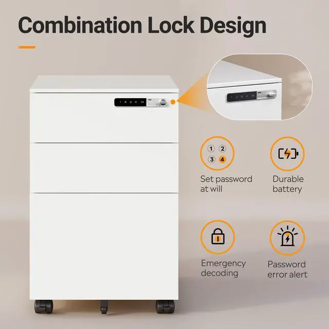 Alt view image 4 of 7 - 3 Drawer File Cabinet with Combination Lock, Fully Assembled | Under Desk Metal Filing Cabinet with Wheels for Home Office, Fits Letter/Legal/A4 Size, White